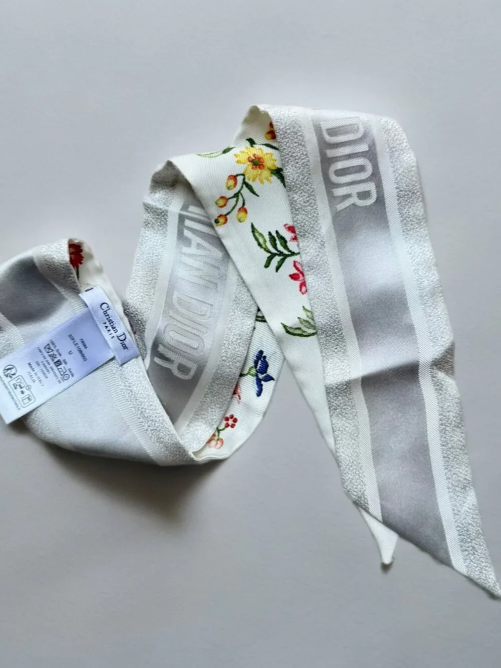 Christian Dior White Silk D-Floral Mitzah Long Scarf